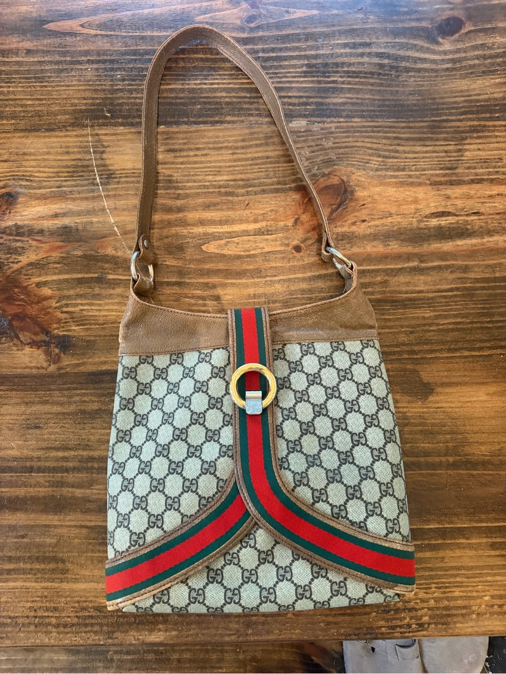 Gucci Beige GG Canvas Shoulder Bag with Red and Green Web